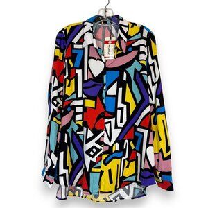 Colorful
 Blouse Top Button Front Blue Purple Pink Art Deco XL